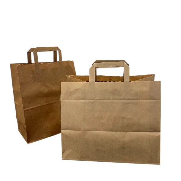 Nachhaltige Papiertüten in Braun aus robustem Papier, biologisch abbaubar, recyclebar und ideal für umweltfreundlichen Transport von Lebensmitteln und Snacks.