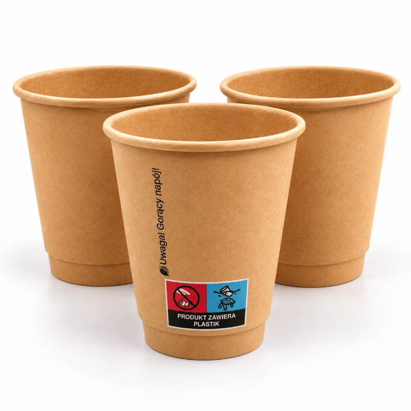 Drei doppelwandige Pappbecher 200 ml in Kraft-Optik