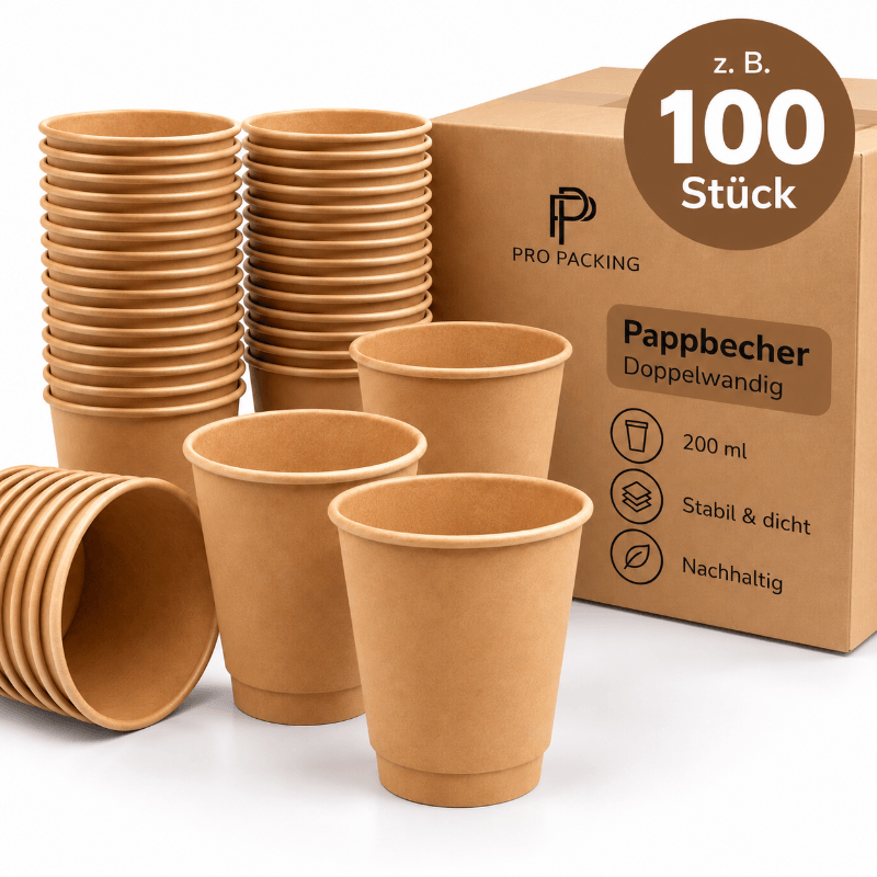 100 doppelwandige Pappbecher 200 ml in Kraft Braun